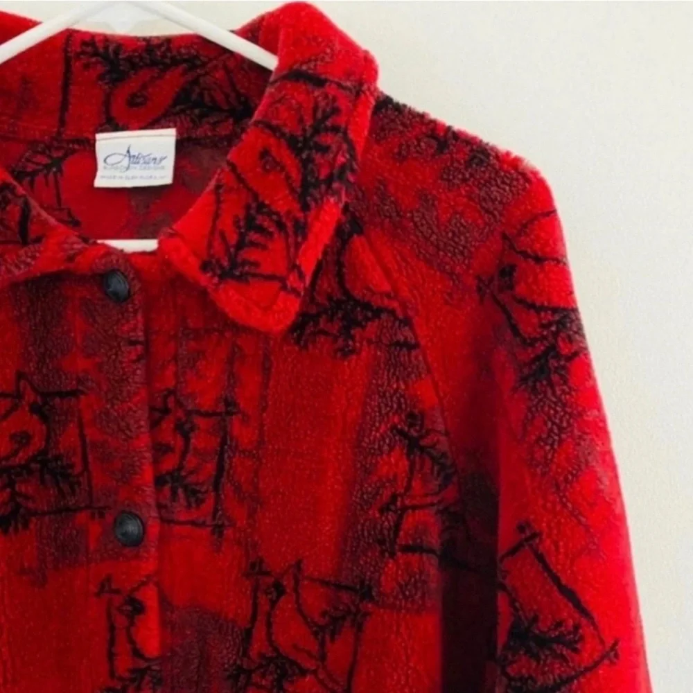 Vintage 90s Artisans Sunschein Designs Red Fleece Teddy Sweater Medium